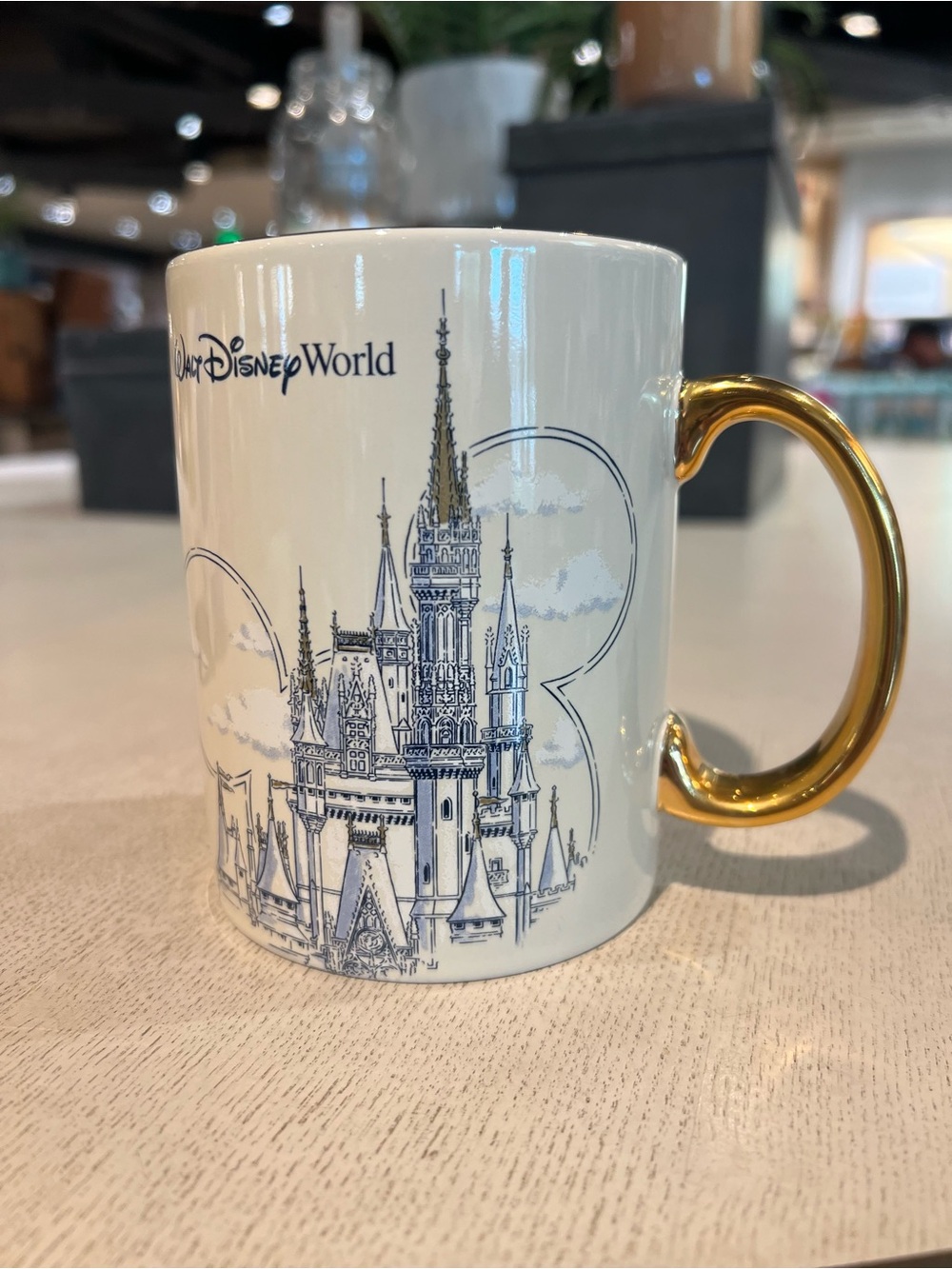 Disney White Ceramic Mug with Gold Handle and Blue Castle Sketch